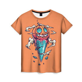 Женская футболка 3D с принтом Тыквенное мороженое в Петрозаводске, 100% полиэфир ( синтетическое хлопкоподобное полотно) | прямой крой, круглый вырез горловины, длина до линии бедер | день всех святых | мороженое | морожка | оранжевый | рожок | светильник джека | тыква | хеллоуин | хэллоуин