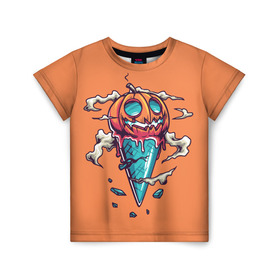 Детская футболка 3D с принтом Тыквенное мороженое в Петрозаводске, 100% гипоаллергенный полиэфир | прямой крой, круглый вырез горловины, длина до линии бедер, чуть спущенное плечо, ткань немного тянется | день всех святых | мороженое | морожка | оранжевый | рожок | светильник джека | тыква | хеллоуин | хэллоуин