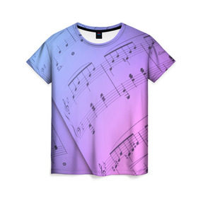 Женская футболка 3D с принтом Ноты в Петрозаводске, 100% полиэфир ( синтетическое хлопкоподобное полотно) | прямой крой, круглый вырез горловины, длина до линии бедер | guitar | music | piano | гитара | музыка | ноты | пианино