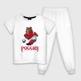 Детская пижама хлопок с принтом Россия 2018-5 в Петрозаводске, 100% хлопок |  брюки и футболка прямого кроя, без карманов, на брюках мягкая резинка на поясе и по низу штанин
 | медведь | мяч | россия | талисман | футбол | чемпионат