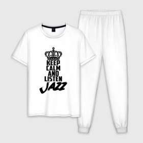 Мужская пижама хлопок с принтом Keep calm and listen Jazz в Петрозаводске, 100% хлопок | брюки и футболка прямого кроя, без карманов, на брюках мягкая резинка на поясе и по низу штанин
 | jazz | африканские ритмы | афроамериканский | блюз | вокально | гармоническая | джаз | джас | европейская | жаз | жас | инструментальная | музыка | музыкальный | регтайм | структура | фольклор