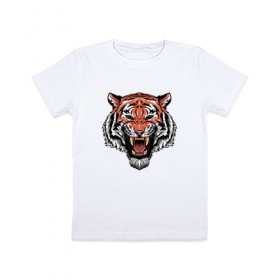 Детская футболка хлопок с принтом Тигр в Петрозаводске, 100% хлопок | круглый вырез горловины, полуприлегающий силуэт, длина до линии бедер | Тематика изображения на принте: голова | джунгли | животное | зубы | оскал | тигр