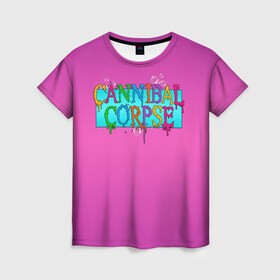 Женская футболка 3D с принтом Cannibal Corpse в Петрозаводске, 100% полиэфир ( синтетическое хлопкоподобное полотно) | прямой крой, круглый вырез горловины, длина до линии бедер | band | cannibal corpse | fun | logo | metal | music | rock | группа | детский | метал | музыка | прикол | розовый | рок