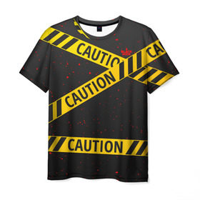 Мужская футболка 3D с принтом Caution Style в Петрозаводске, 100% полиэфир | прямой крой, круглый вырез горловины, длина до линии бедер | blood | caution | street | tape | urban | брызги | кровь | лента | опасный | скотч | улица | урбан
