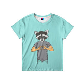 Детская футболка 3D с принтом Енот Хипстер Love в Петрозаводске, 100% гипоаллергенный полиэфир | прямой крой, круглый вырез горловины, длина до линии бедер, чуть спущенное плечо, ткань немного тянется | hipster | love | story | енот | животные | любовь | хипстер | человек