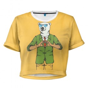 Женская футболка 3D укороченная с принтом Медведь Хипстер Love в Петрозаводске, 100% полиэстер | круглая горловина, длина футболки до линии талии, рукава с отворотами | hipster | love | story | животные | любовь | медведь | хипстер | человек