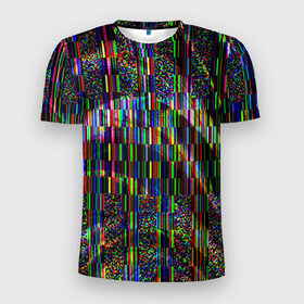Мужская футболка 3D спортивная с принтом Цветная иллюзия в Петрозаводске, 100% полиэстер с улучшенными характеристиками | приталенный силуэт, круглая горловина, широкие плечи, сужается к линии бедра | Тематика изображения на принте: глитч | глич | линии | полосы | разноцветный