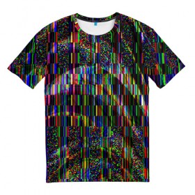 Мужская футболка 3D с принтом Цветная иллюзия в Петрозаводске, 100% полиэфир | прямой крой, круглый вырез горловины, длина до линии бедер | Тематика изображения на принте: глитч | глич | линии | полосы | разноцветный