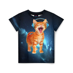 Детская футболка 3D с принтом Котёнок в наушниках в Петрозаводске, 100% гипоаллергенный полиэфир | прямой крой, круглый вырез горловины, длина до линии бедер, чуть спущенное плечо, ткань немного тянется | кот | кошка | музыка