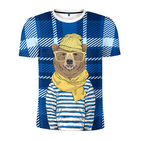 Мужская футболка 3D спортивная с принтом Медведь Хипстер в Петрозаводске, 100% полиэстер с улучшенными характеристиками | приталенный силуэт, круглая горловина, широкие плечи, сужается к линии бедра | 
