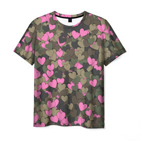 Мужская футболка 3D с принтом Какмуфляж с сердечками в Петрозаводске, 100% полиэфир | прямой крой, круглый вырез горловины, длина до линии бедер | Тематика изображения на принте: 14 февраля | день святого валентина | камуфляж | любовь | милитари | паттерн | розовый | сердечко | сердце | хаки