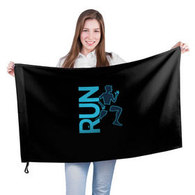 Флаг 3D с принтом RUN в Петрозаводске, 100% полиэстер | плотность ткани — 95 г/м2, размер — 67 х 109 см. Принт наносится с одной стороны | бег | зал | здоровья | сила | синий | спорт | темный | человек