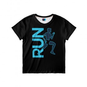 Детская футболка 3D с принтом RUN в Петрозаводске, 100% гипоаллергенный полиэфир | прямой крой, круглый вырез горловины, длина до линии бедер, чуть спущенное плечо, ткань немного тянется | бег | зал | здоровья | сила | синий | спорт | темный | человек