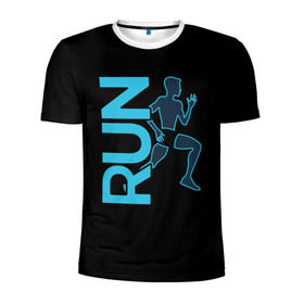 Мужская футболка 3D спортивная с принтом RUN в Петрозаводске, 100% полиэстер с улучшенными характеристиками | приталенный силуэт, круглая горловина, широкие плечи, сужается к линии бедра | бег | зал | здоровья | сила | синий | спорт | темный | человек