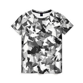 Женская футболка 3D с принтом Городской серый камуфляж в Петрозаводске, 100% полиэфир ( синтетическое хлопкоподобное полотно) | прямой крой, круглый вырез горловины, длина до линии бедер | армия | геометрический | геометрия | маскировка | милитари | паттерн | текстура | треугольники | чернобелый