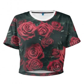 Женская футболка 3D укороченная с принтом Цветы Розы в Петрозаводске, 100% полиэстер | круглая горловина, длина футболки до линии талии, рукава с отворотами | 8 | день | женский | женский день | красная | любовь | марта | роза | розы | цветы