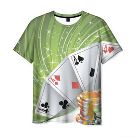 Мужская футболка 3D с принтом Покер Старс в Петрозаводске, 100% полиэфир | прямой крой, круглый вырез горловины, длина до линии бедер | Тематика изображения на принте: игра | казино | каре | карты | роял | сет | стрит | туз | удача | флеш | фул | хаус