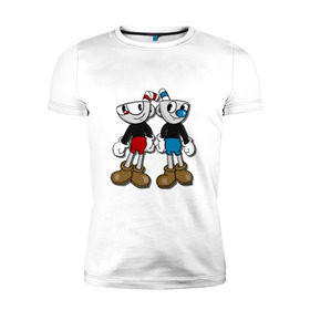Мужская футболка премиум с принтом Cuphead/Mugman в Петрозаводске, 92% хлопок, 8% лайкра | приталенный силуэт, круглый вырез ворота, длина до линии бедра, короткий рукав | капхед | капхэд | магмен | магмэн | мугмен