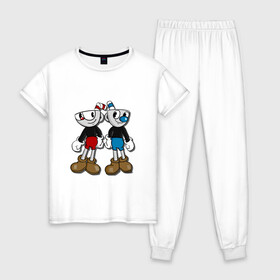 Женская пижама хлопок с принтом Cuphead Mugman в Петрозаводске, 100% хлопок | брюки и футболка прямого кроя, без карманов, на брюках мягкая резинка на поясе и по низу штанин | капхед | капхэд | магмен | магмэн | мугмен