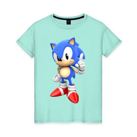Женская футболка хлопок с принтом Classic Sonic в Петрозаводске, 100% хлопок | прямой крой, круглый вырез горловины, длина до линии бедер, слегка спущенное плечо | Тематика изображения на принте: 16 бит | sega | sonic | классический соник