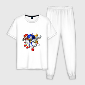 Мужская пижама хлопок с принтом Sonic, Tails & Knuckles в Петрозаводске, 100% хлопок | брюки и футболка прямого кроя, без карманов, на брюках мягкая резинка на поясе и по низу штанин
 | наклз | наклс | соник | тейлз | тейлс
