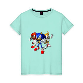Женская футболка хлопок с принтом Sonic, Tails & Knuckles в Петрозаводске, 100% хлопок | прямой крой, круглый вырез горловины, длина до линии бедер, слегка спущенное плечо | наклз | наклс | соник | тейлз | тейлс