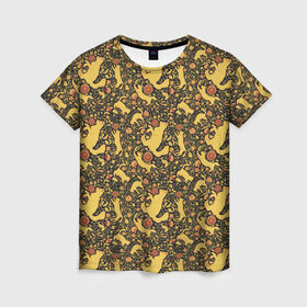 Женская футболка 3D с принтом Кошки хохлома в Петрозаводске, 100% полиэфир ( синтетическое хлопкоподобное полотно) | прямой крой, круглый вырез горловины, длина до линии бедер | орнамент | паттерн | цветы