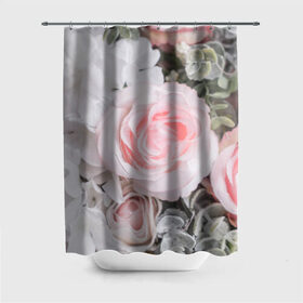 Штора 3D для ванной с принтом розы в Петрозаводске, 100% полиэстер | плотность материала — 100 г/м2. Стандартный размер — 146 см х 180 см. По верхнему краю — пластиковые люверсы для креплений. В комплекте 10 пластиковых колец | букет | винтаж | зелень | листья | розовые розы | романтика | цветы