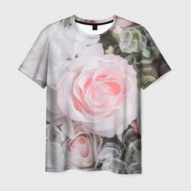 Мужская футболка 3D с принтом розы в Петрозаводске, 100% полиэфир | прямой крой, круглый вырез горловины, длина до линии бедер | Тематика изображения на принте: букет | винтаж | зелень | листья | розовые розы | романтика | цветы