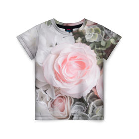 Детская футболка 3D с принтом розы в Петрозаводске, 100% гипоаллергенный полиэфир | прямой крой, круглый вырез горловины, длина до линии бедер, чуть спущенное плечо, ткань немного тянется | букет | винтаж | зелень | листья | розовые розы | романтика | цветы