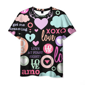 Мужская футболка 3D с принтом Любовь на разных языках в Петрозаводске, 100% полиэфир | прямой крой, круглый вырез горловины, длина до линии бедер | 14 | love | валентин | губы | день | любовь | подарок | поцелуй | сердце | страсть | февраль