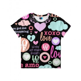 Детская футболка 3D с принтом Любовь на разных языках в Петрозаводске, 100% гипоаллергенный полиэфир | прямой крой, круглый вырез горловины, длина до линии бедер, чуть спущенное плечо, ткань немного тянется | 14 | love | валентин | губы | день | любовь | подарок | поцелуй | сердце | страсть | февраль