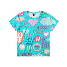 Детская футболка 3D с принтом I Love you в Петрозаводске, 100% гипоаллергенный полиэфир | прямой крой, круглый вырез горловины, длина до линии бедер, чуть спущенное плечо, ткань немного тянется | 14 | love | валентин | губы | день | любовь | подарок | поцелуй | сердце | страсть | февраль