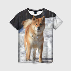 Женская футболка 3D с принтом Акита-ину в Петрозаводске, 100% полиэфир ( синтетическое хлопкоподобное полотно) | прямой крой, круглый вырез горловины, длина до линии бедер | акита | животное | животные | ину | овчарка | пес | песик | псы | сиба | собака | собаки | шиба