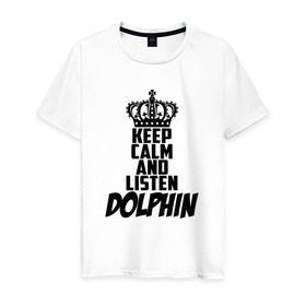 Мужская футболка хлопок с принтом Keep calm and listen Dolphin в Петрозаводске, 100% хлопок | прямой крой, круглый вырез горловины, длина до линии бедер, слегка спущенное плечо. | Тематика изображения на принте: 