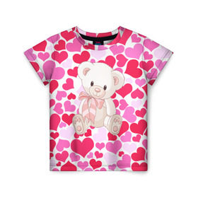 Детская футболка 3D с принтом Белый Мишка в Петрозаводске, 100% гипоаллергенный полиэфир | прямой крой, круглый вырез горловины, длина до линии бедер, чуть спущенное плечо, ткань немного тянется | 14 февраля | bear | love | teddy | абстракция | арт | девушкам | день всех влюбленных | день святого валентина | животные | медведь | милые | мишка | сердечки | тедди