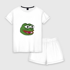 Женская пижама с шортиками хлопок с принтом Pepe frog в Петрозаводске, 100% хлопок | футболка прямого кроя, шорты свободные с широкой мягкой резинкой | meme pepe мем прикол лягушка