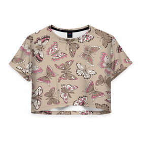 Женская футболка 3D укороченная с принтом Чудо природы в Петрозаводске, 100% полиэстер | круглая горловина, длина футболки до линии талии, рукава с отворотами | бабочки | романтика | цветы