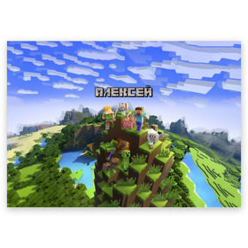 Поздравительная открытка с принтом Алексей - Minecraft в Петрозаводске, 100% бумага | плотность бумаги 280 г/м2, матовая, на обратной стороне линовка и место для марки
 | minecraft | алексей | алеша | алешка | добывать | игра | игрушка | имя | компьютерная | кубики | леха | леша | майкрафт | майн крафт | майнкрафт | пиксели | пиксель | ремесло | с именем | шахта