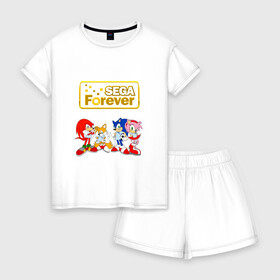 Женская пижама с шортиками хлопок с принтом Sega Forever в Петрозаводске, 100% хлопок | футболка прямого кроя, шорты свободные с широкой мягкой резинкой | knuckles | sonic | tails | наклз | сега | соник | тейлз