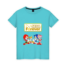 Женская футболка хлопок с принтом Sega Forever в Петрозаводске, 100% хлопок | прямой крой, круглый вырез горловины, длина до линии бедер, слегка спущенное плечо | knuckles | sonic | tails | наклз | сега | соник | тейлз