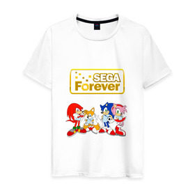 Мужская футболка хлопок с принтом Sega Forever в Петрозаводске, 100% хлопок | прямой крой, круглый вырез горловины, длина до линии бедер, слегка спущенное плечо. | knuckles | sonic | tails | наклз | сега | соник | тейлз