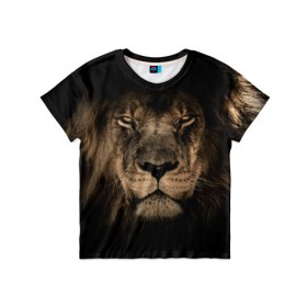 Детская футболка 3D с принтом Лев в Петрозаводске, 100% гипоаллергенный полиэфир | прямой крой, круглый вырез горловины, длина до линии бедер, чуть спущенное плечо, ткань немного тянется | Тематика изображения на принте: животные | кошка | лев | мордочка | природа | тигр | хищник