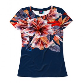 Женская футболка 3D с принтом Цветочная мода в Петрозаводске, 100% полиэфир ( синтетическое хлопкоподобное полотно) | прямой крой, круглый вырез горловины, длина до линии бедер | flower | букет | краски | орхидеи | природа | текстуры | тропики | тропический | цветочки | цветы