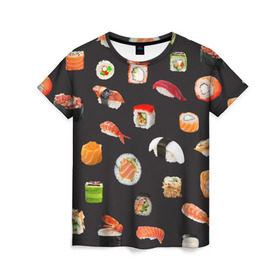 Женская футболка 3D с принтом Суши в Петрозаводске, 100% полиэфир ( синтетическое хлопкоподобное полотно) | прямой крой, круглый вырез горловины, длина до линии бедер | Тематика изображения на принте: food | rolls | sushi | tokyo | еда | роллы | суши | токио