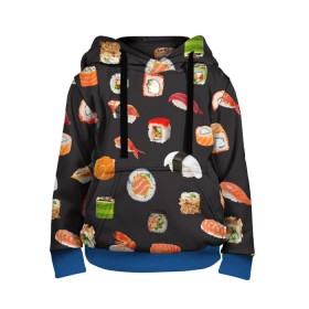 Детская толстовка 3D с принтом Суши в Петрозаводске, 100% полиэстер | двухслойный капюшон со шнурком для регулировки, мягкие манжеты на рукавах и по низу толстовки, спереди карман-кенгуру с мягким внутренним слоем | Тематика изображения на принте: food | rolls | sushi | tokyo | еда | роллы | суши | токио
