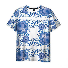 Мужская футболка 3D с принтом Гжель в Петрозаводске, 100% полиэфир | прямой крой, круглый вырез горловины, длина до линии бедер | Тематика изображения на принте: гжель | текстура | узор | цветы