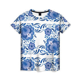 Женская футболка 3D с принтом Гжель в Петрозаводске, 100% полиэфир ( синтетическое хлопкоподобное полотно) | прямой крой, круглый вырез горловины, длина до линии бедер | гжель | текстура | узор | цветы