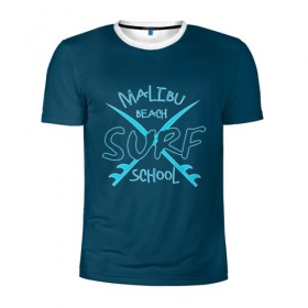 Мужская футболка 3D спортивная с принтом Школа серфинга в Петрозаводске, 100% полиэстер с улучшенными характеристиками | приталенный силуэт, круглая горловина, широкие плечи, сужается к линии бедра | волна | доска | малибу | море | океан | отдыx | пляж | серфинг | синий | экстрим