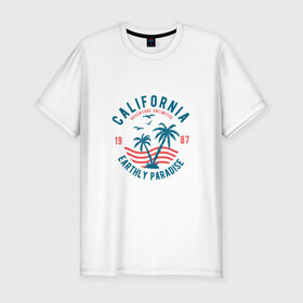 Мужская футболка премиум с принтом Калифорния в Петрозаводске, 92% хлопок, 8% лайкра | приталенный силуэт, круглый вырез ворота, длина до линии бедра, короткий рукав | для отпуска | калифорния | клуб | лето | отпуск | парадайз | приключение | путешествие | серф | серфинг | сша | туризм